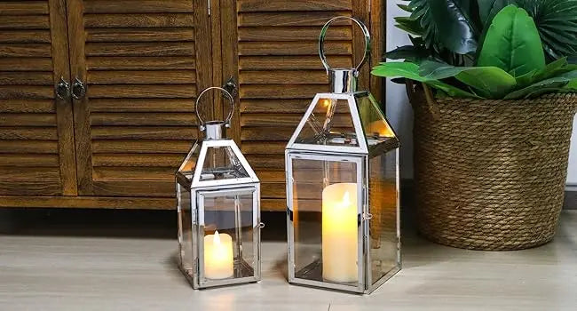 Set of 2 Stainless Steel Decorative Lanterns 13"&10" H Metal Candle Holders with Tempered Glass for Home Decor Living Room Parti