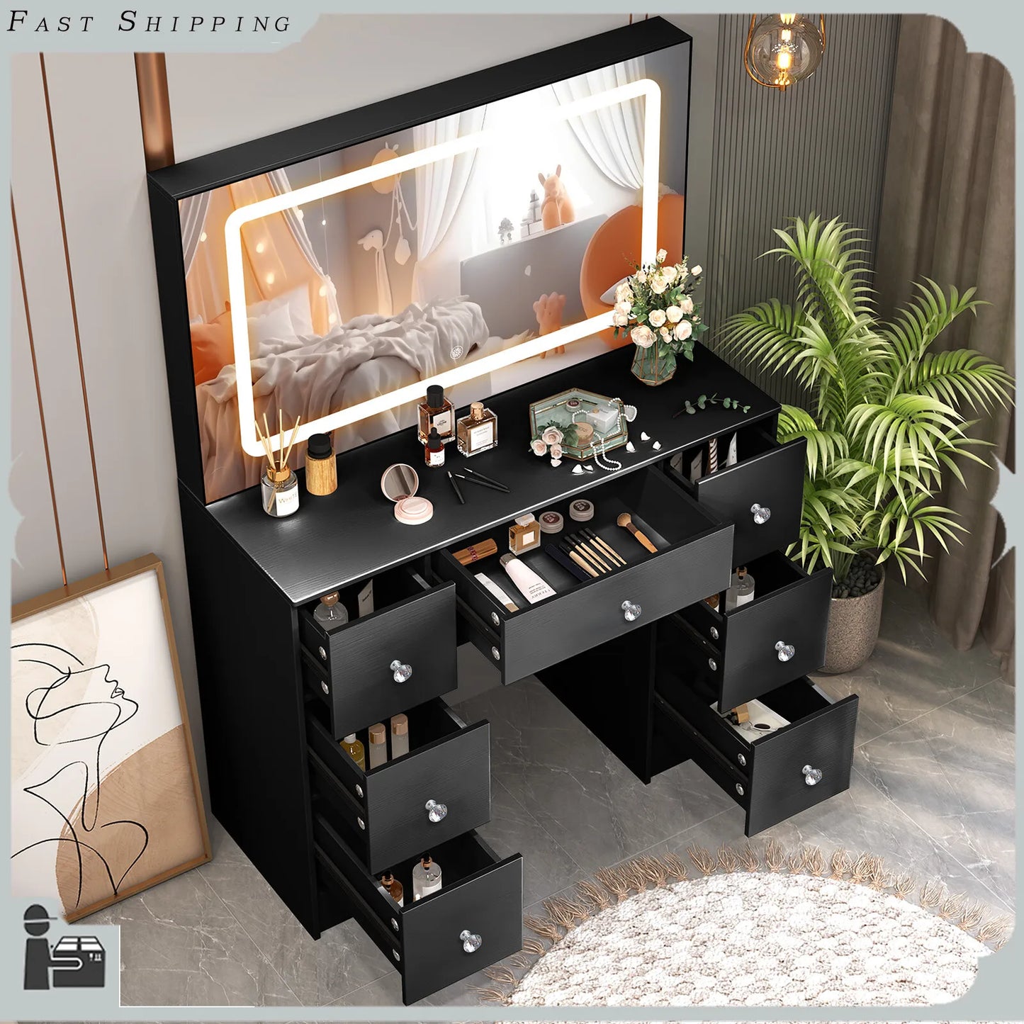 Large Dressing Table Makeup Desk Vanity Set with LED Lights Mirror And 7 Drawers