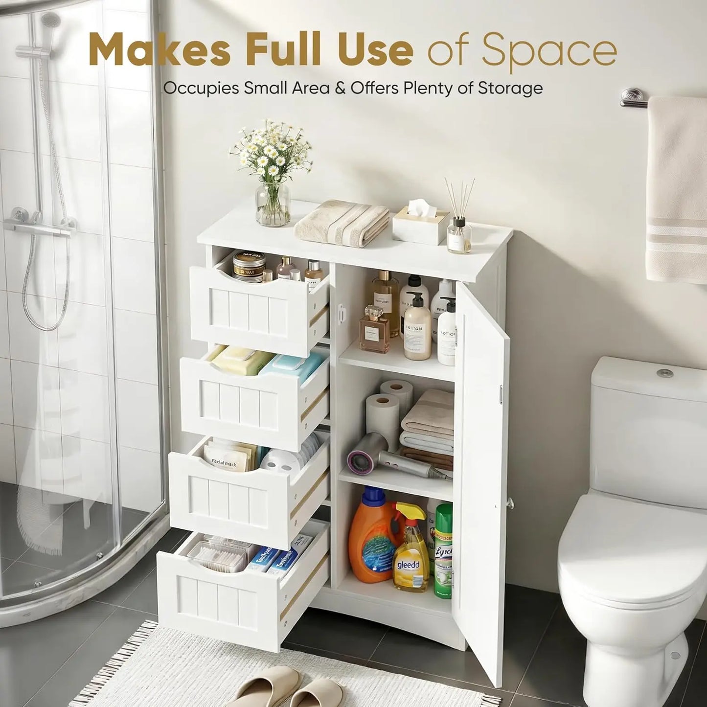 4 Drawer 1 Cupboard Floor Storage Cabinet Adjustable Shelf Freestanding Organizer Unit for Bathroom Living Room, Customized