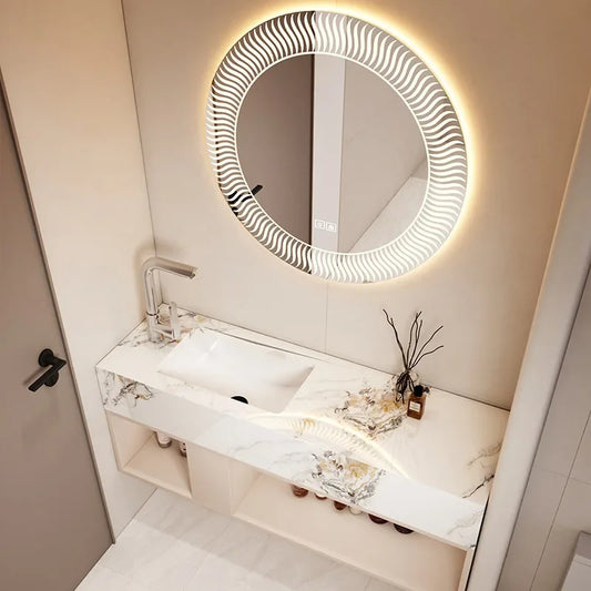 Modern Bathroom Vanity Cabinet Sink Small-sized Bathroom Cabinet with Smart Round Mirror Rock Ceramic Basin Bathroom Furniture