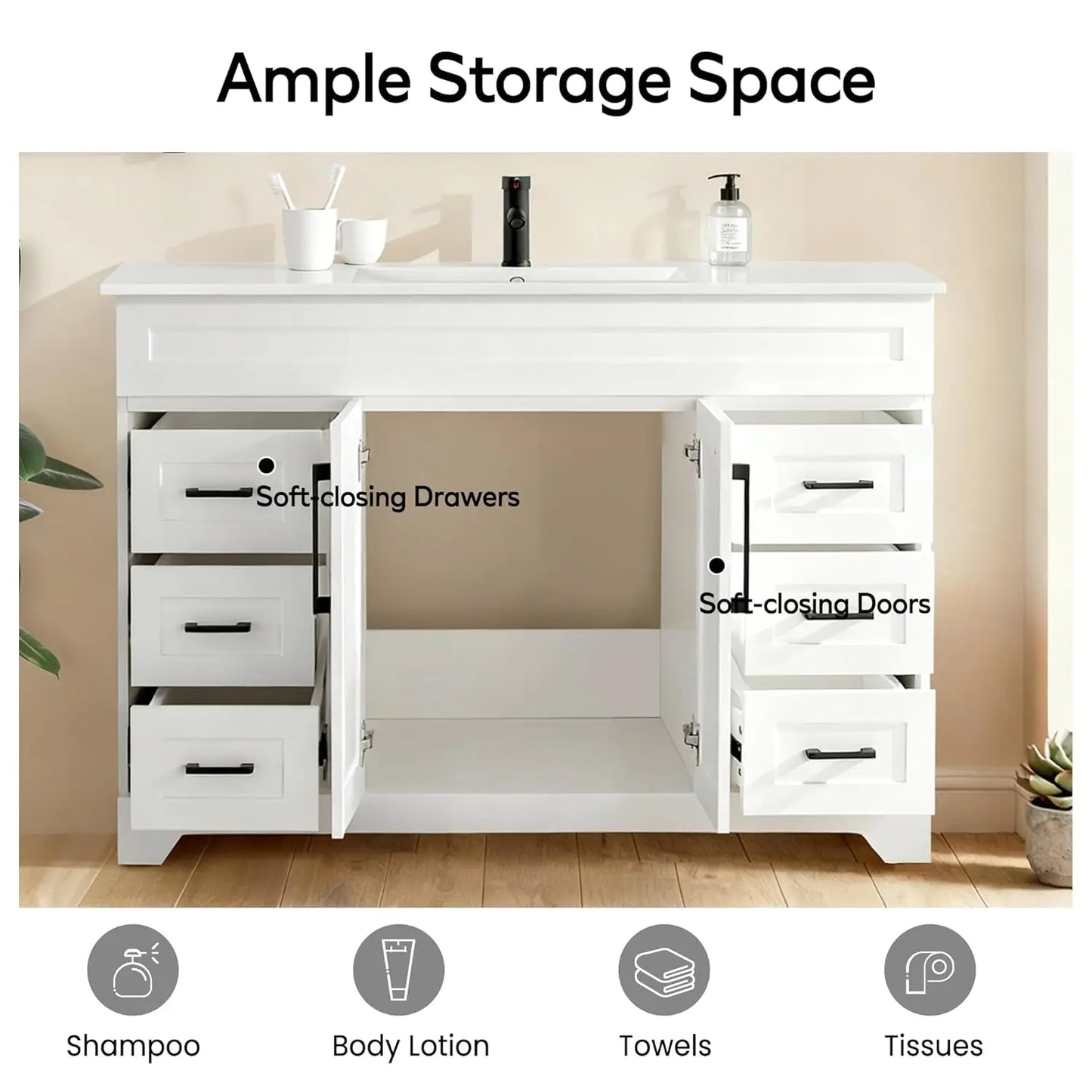 White Bathroom Vanity Cabinet with Resin Sink Combo Soft Close Doors 6 Drawers Modern Storage, Customized