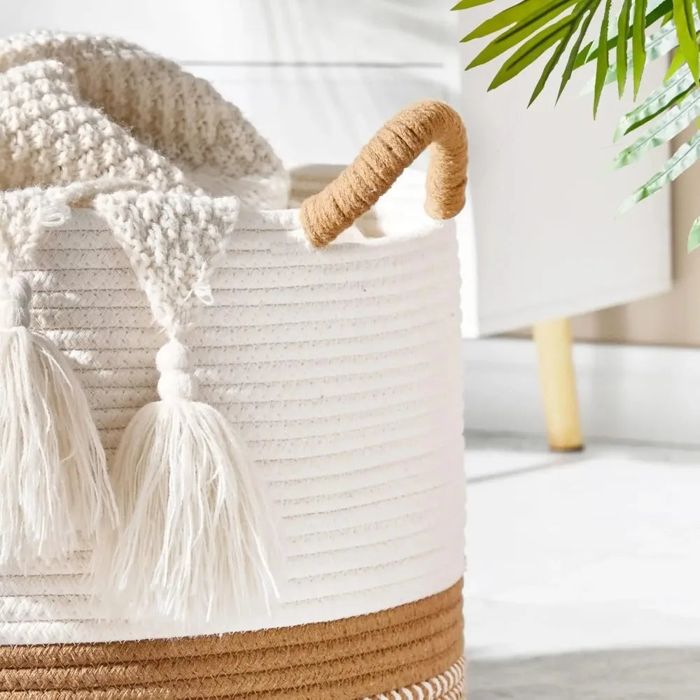 Large Blanket Basket,Woven Baskets for storage Baby Laundry Hamper, Cotton Rope Blanket Basket for Living Room, Laundry
