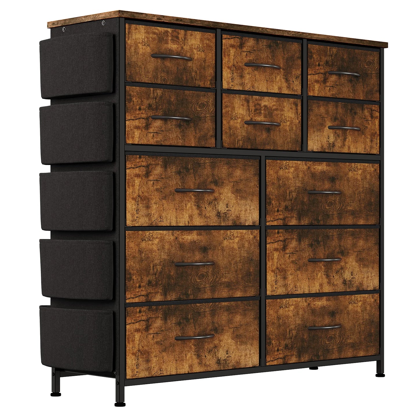 12-Drawer Fabric Dresser for Bedroom,Tall Chest of Drawers,Adjustable Metal Frame,Side Pockets & Hooks Storage Tower for Closet