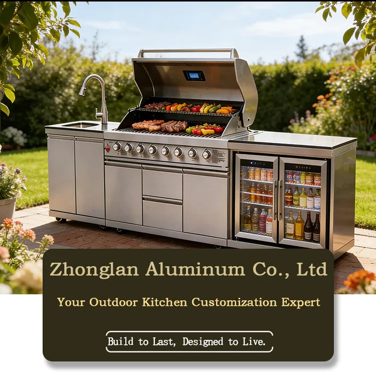 A Full Kitchen Suite Including Grill Cooktop Sink And Fridge With Waterproof Custom Outdoor Stainless Steel Cabinet For Backyard
