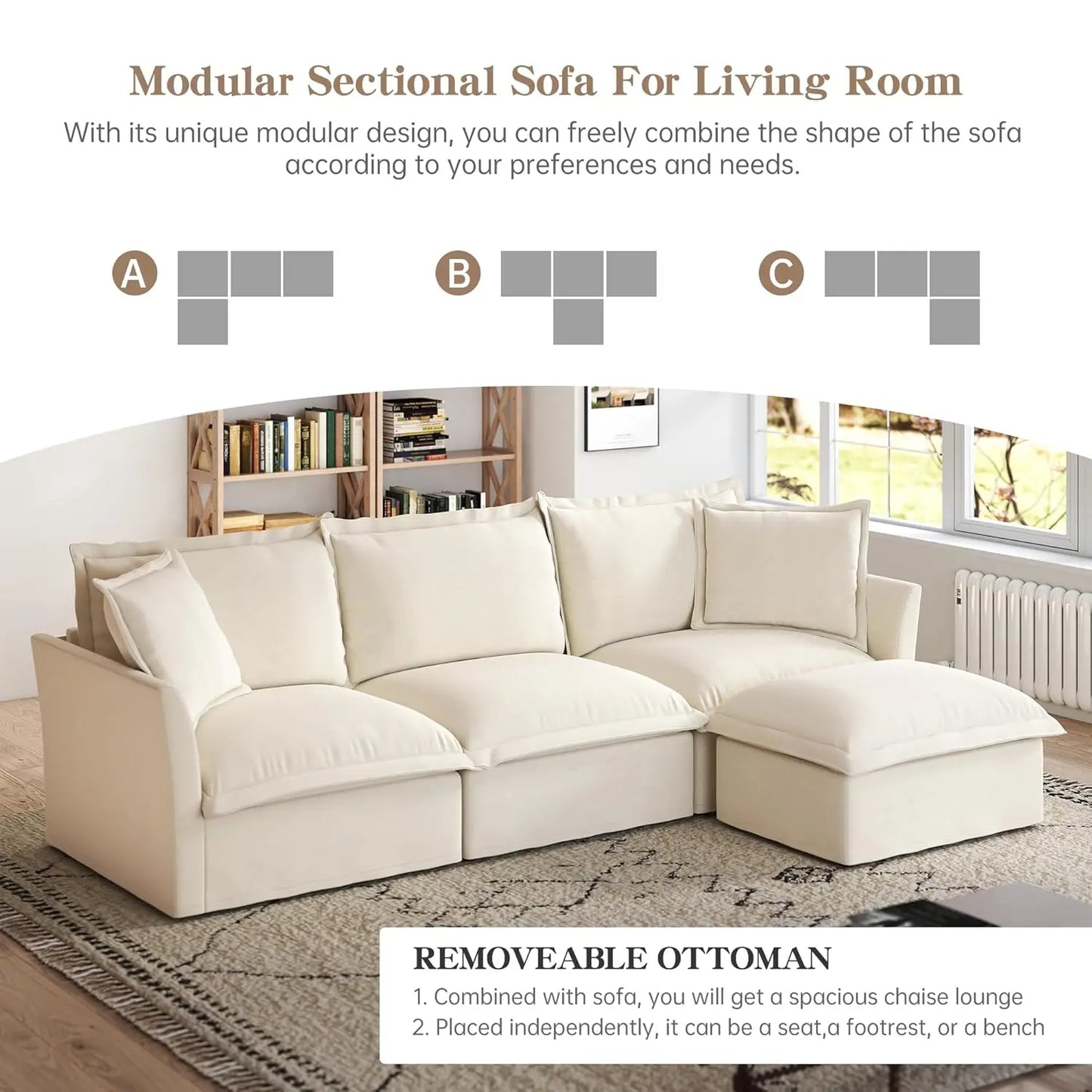 L-Shaped Modular Sectional Sofa Removable Slipcover Cloud 3-Seater Movable Ottoman Chenille Living Room Customized