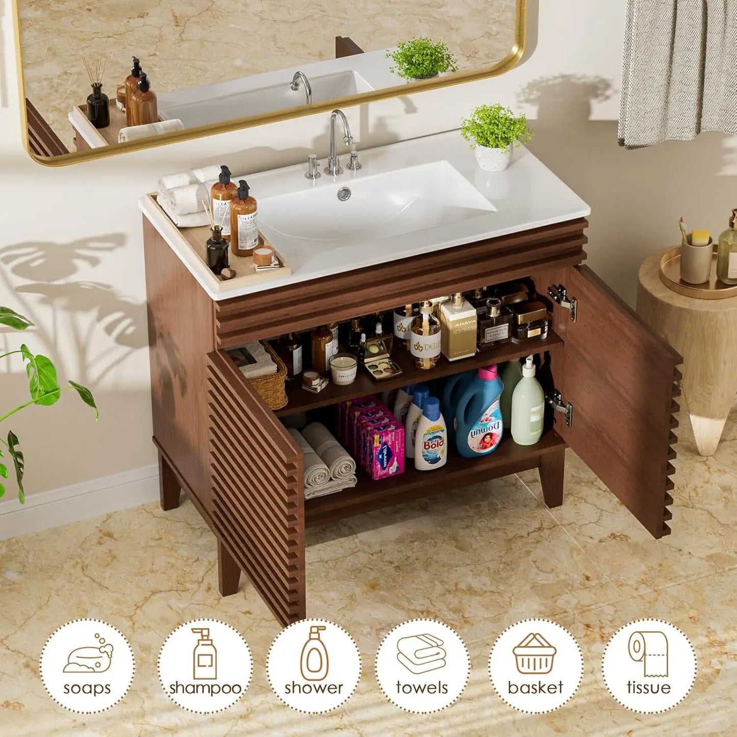 36in Mid-Century Freestanding Bathroom Vanity Sink Storage Undermount Ceramic Wood Grain Walnut Customized