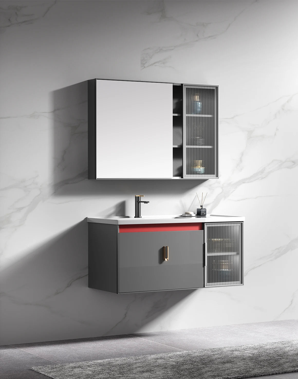 New Design Bathroom Double Door Cabinet Sink Set Aluminum Wash Basin Combo Mirror Bathroom Vanity Cabinet