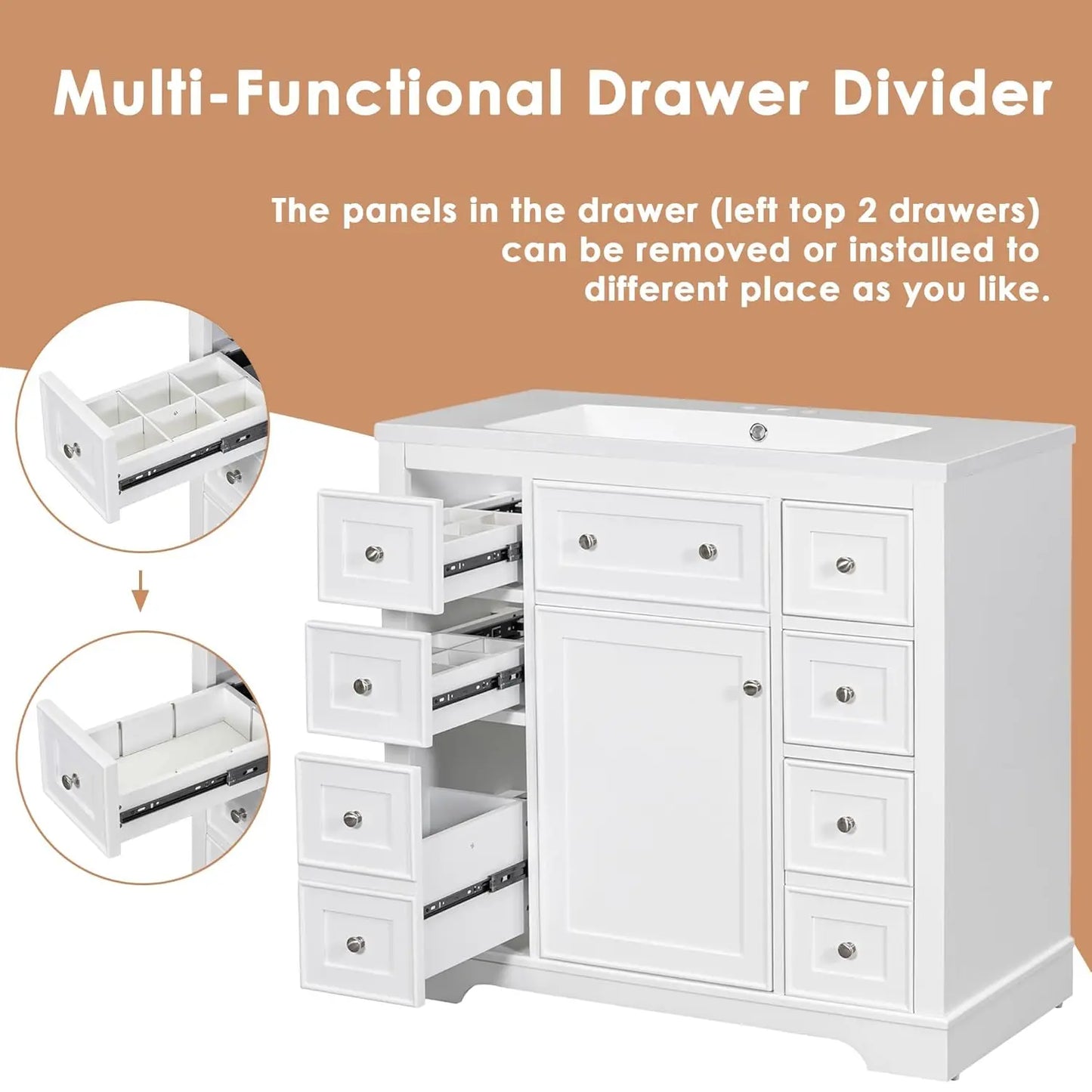 36" Bathroom Vanity Basin Sink Cabinet 6 Drawers Storage No Mirror White, Customized