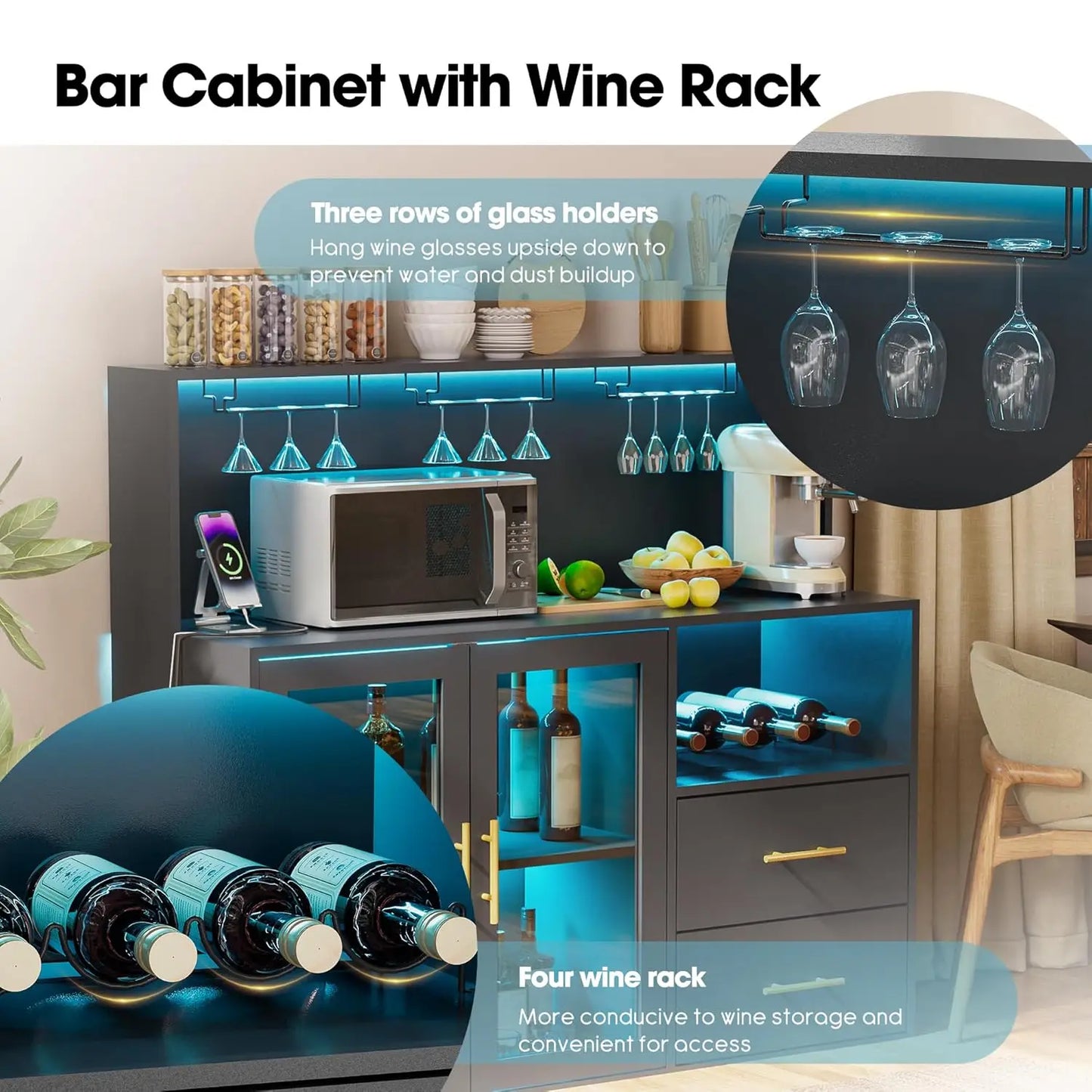 Bar Cabinet with Wine Rack, Liquor Cabinet with RGB Light, Coffee Bar Cabinets with USB Power Outlet, Home Wine, Customized