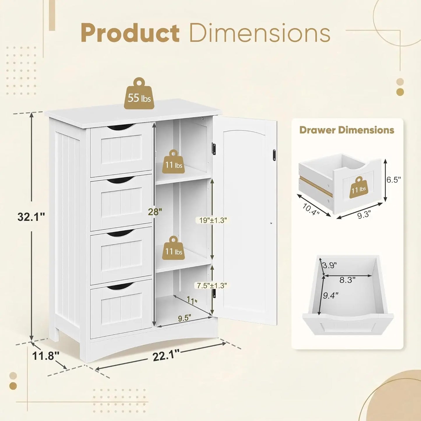 4 Drawer 1 Cupboard Floor Storage Cabinet Adjustable Shelf Freestanding Organizer Unit for Bathroom Living Room, Customized