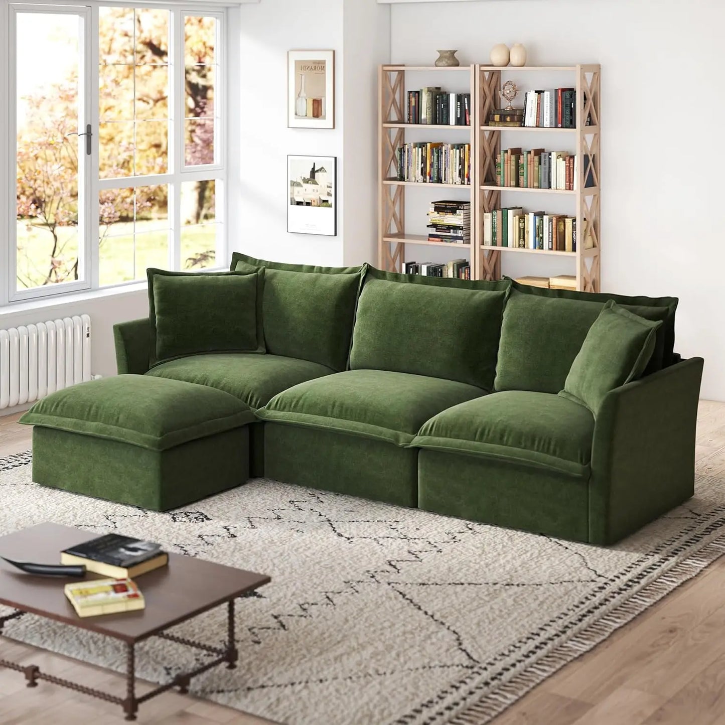 L-Shaped Modular Sectional Sofa Removable Slipcover Cloud 3-Seater Movable Ottoman Chenille Living Room Customized