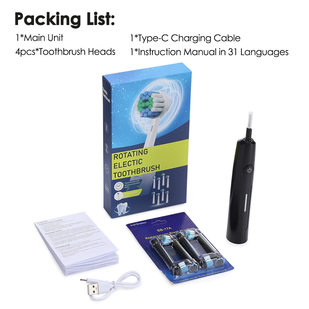 Rotating Electric Toothbrush, 5 Cleaning Modes Timer Clean Teeth Whitening, USB Rechargeable Toothbrush with Replaced Heads