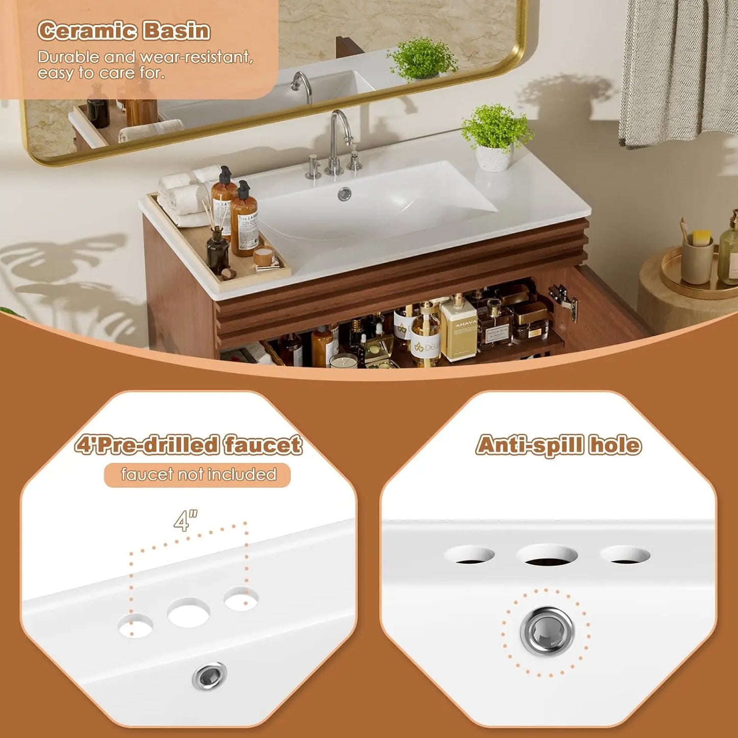 36in Mid-Century Freestanding Bathroom Vanity Sink Storage Undermount Ceramic Wood Grain Walnut Customized