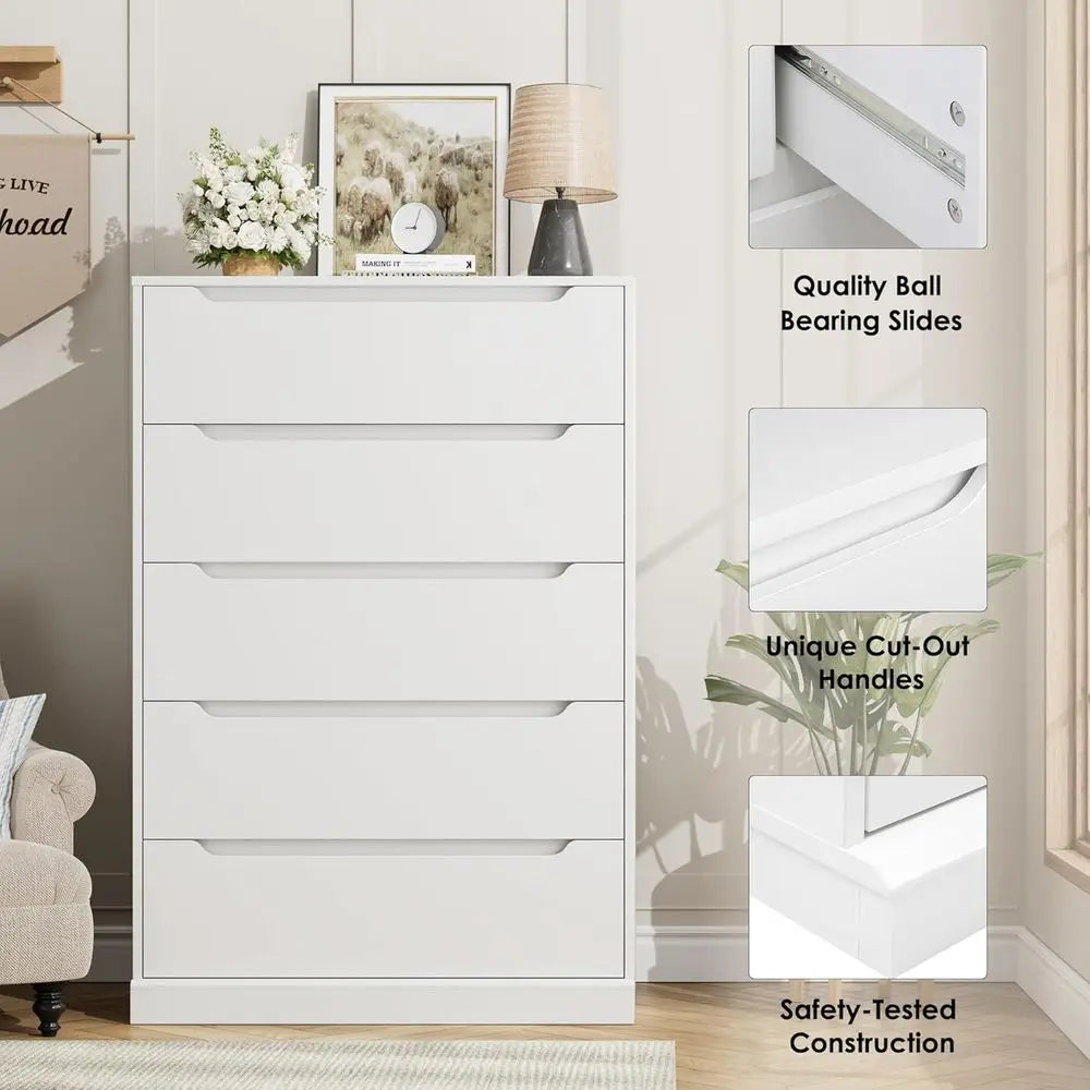 Bedroom Tall Chest with Storage, Large Wood Organizer, Accent Cabinet for Living Room, Hallway, Classic White