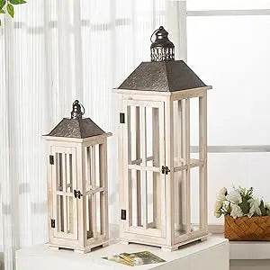 Large Rustic Wooden Decorative Lantern Set of 2, Modern Farmhouse Distressed Whitewash Floor Candle Lanterns, Indoor/Outdoor Han