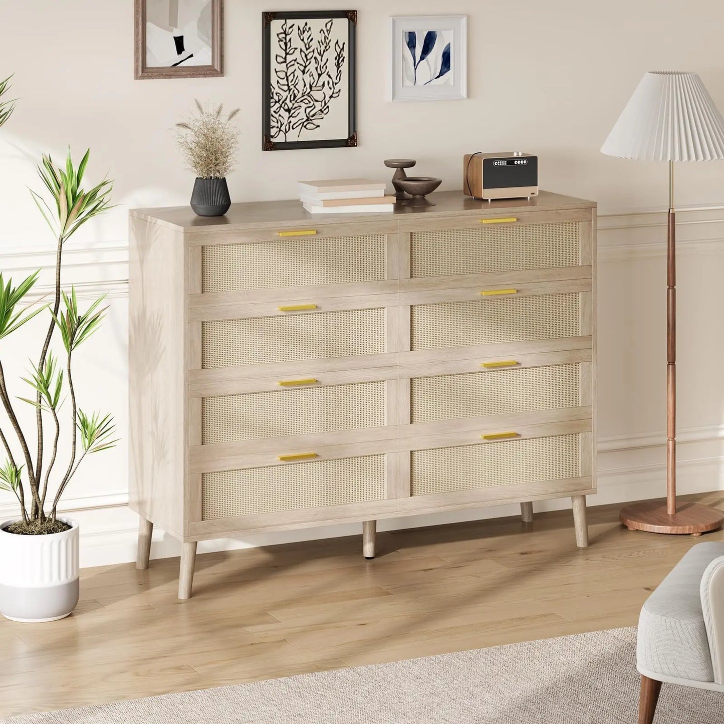 8-Drawer Rattan Dresser 47x15x37 Inch, Mid Century Modern Chest Of Drawers With Handles For Bedroom Entryway Living Room
