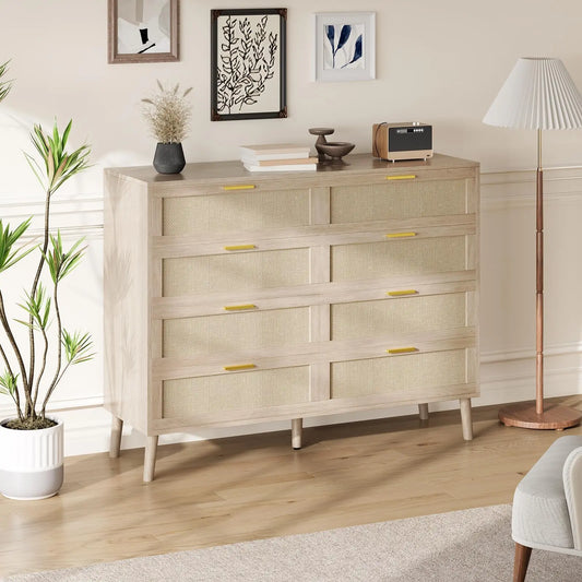 8-Drawer Rattan Dresser 47x15x37 Inch, Mid Century Modern Chest Of Drawers With Handles For Bedroom Entryway Living Room