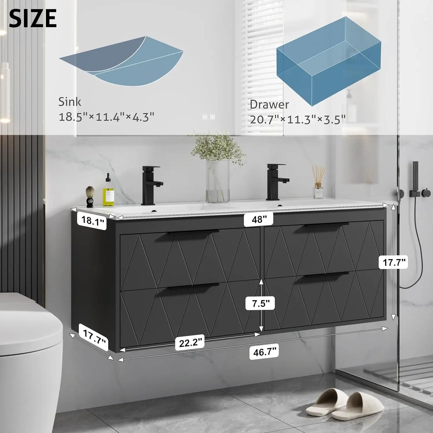 48" Wall Mounted Floating Bathroom Vanity Cabinet with Sink Combo Soft-Close 4 Big Drawers Matte Black Faucet, Customized
