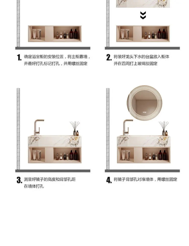 Modern Bathroom Vanity Cabinet Sink Small-sized Bathroom Cabinet with Smart Round Mirror Rock Ceramic Basin Bathroom Furniture