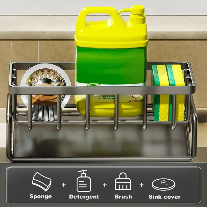 Kitchen Sink Organizer Carbon Steel with Tilted Water Tray Storage Rack for Sponge Brush 23×9×10cm
