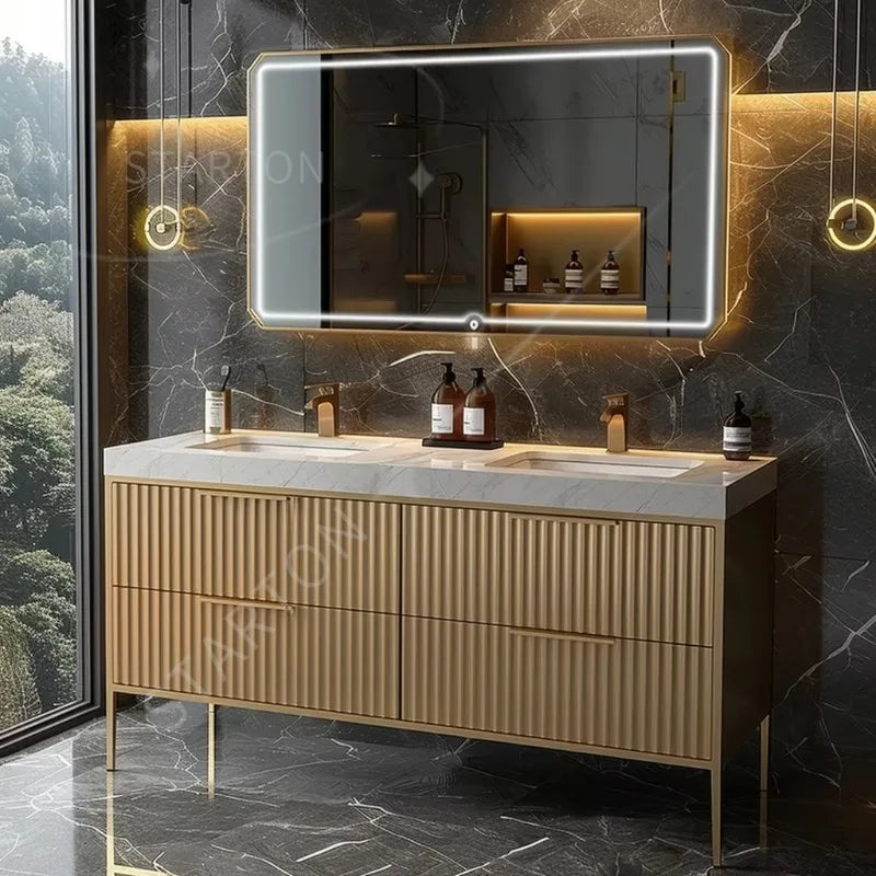 Luxury Countertop Double Basin Vanity Sink Bathroom Stainless Steel Marble Countertop Bathroom Cabinets Vanities