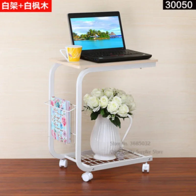 Iron Living Room Table, Movable Sofa Side Table, Corner Coffee Stand, Simple Wheel-Based Lazy Table, Mobile Furniture, 2-Layer