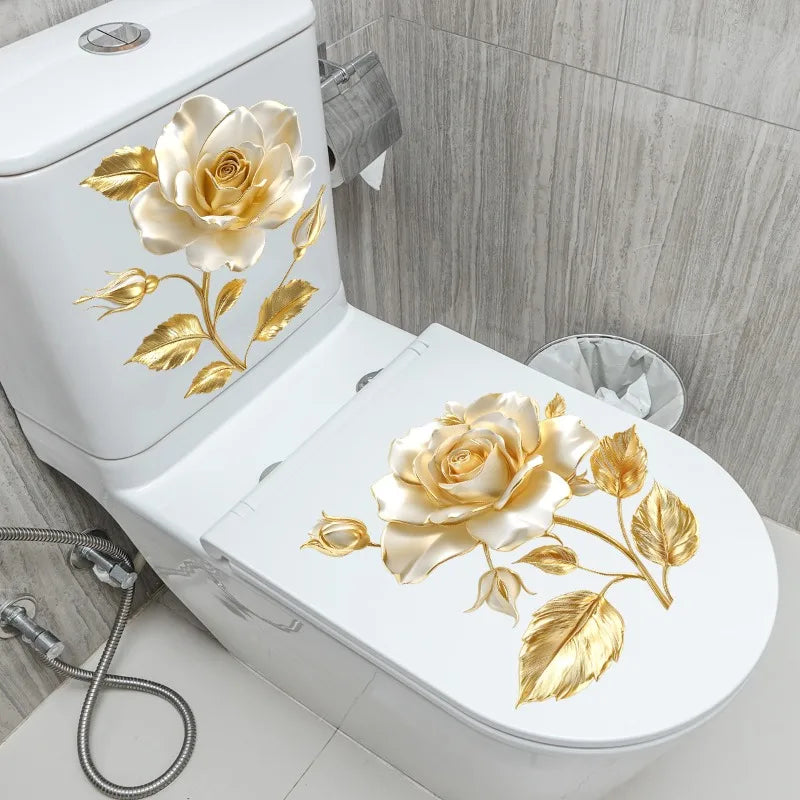Beautiful Golden Flower Toilet Sticker Bathroom Toilet Cover Decorative Sticker Waterproof Self Adhesive
