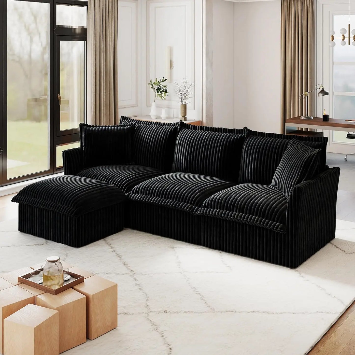 L-Shaped Modular Sectional Sofa Removable Slipcover Cloud 3-Seater Movable Ottoman Chenille Living Room Customized