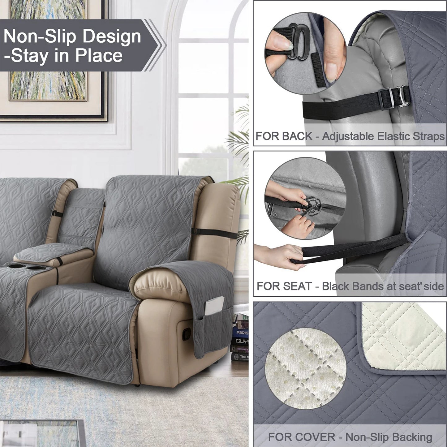 Recliner Slipcover With Center Console 100% Waterproof Pet Cover For Recliner With Straps For Bedroom Office Home Decor