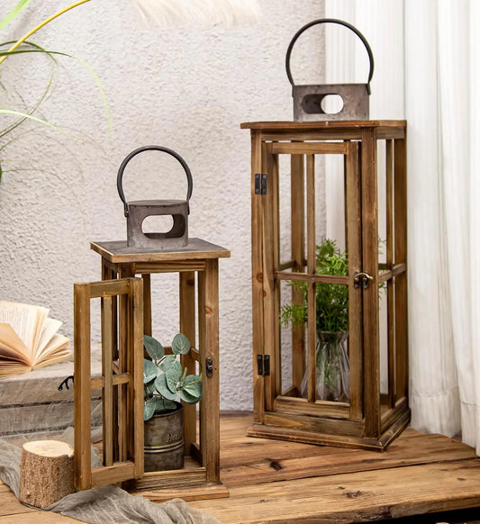 Large Farmhouse Wooden Metal Lantern Set of 2, Rustic Decorative Floor Candle Lanterns, Vintage Distressed Hanging Lanterns for