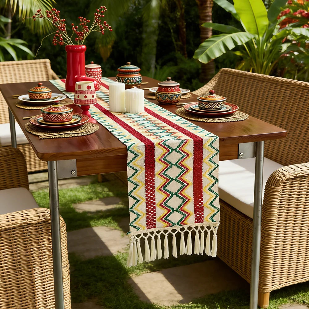 Bohemian Aztec Outdoor Table Runner with Tassels- Woven Patio Dining Decor for Coastal & Tropical Sp