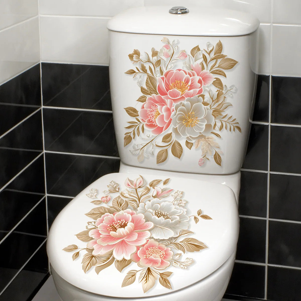 Beautiful Golden Flower Toilet Sticker Bathroom Toilet Cover Decorative Sticker Waterproof Self Adhesive