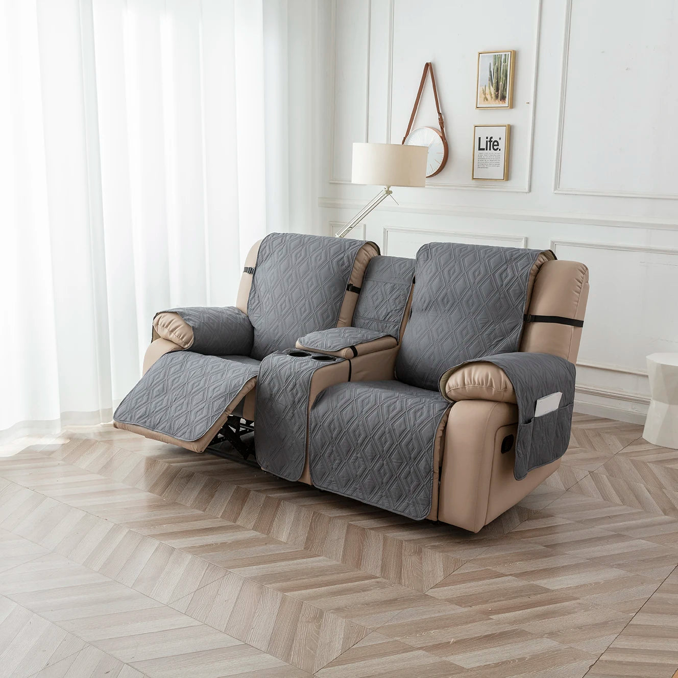 Recliner Slipcover With Center Console 100% Waterproof Pet Cover For Recliner With Straps For Bedroom Office Home Decor