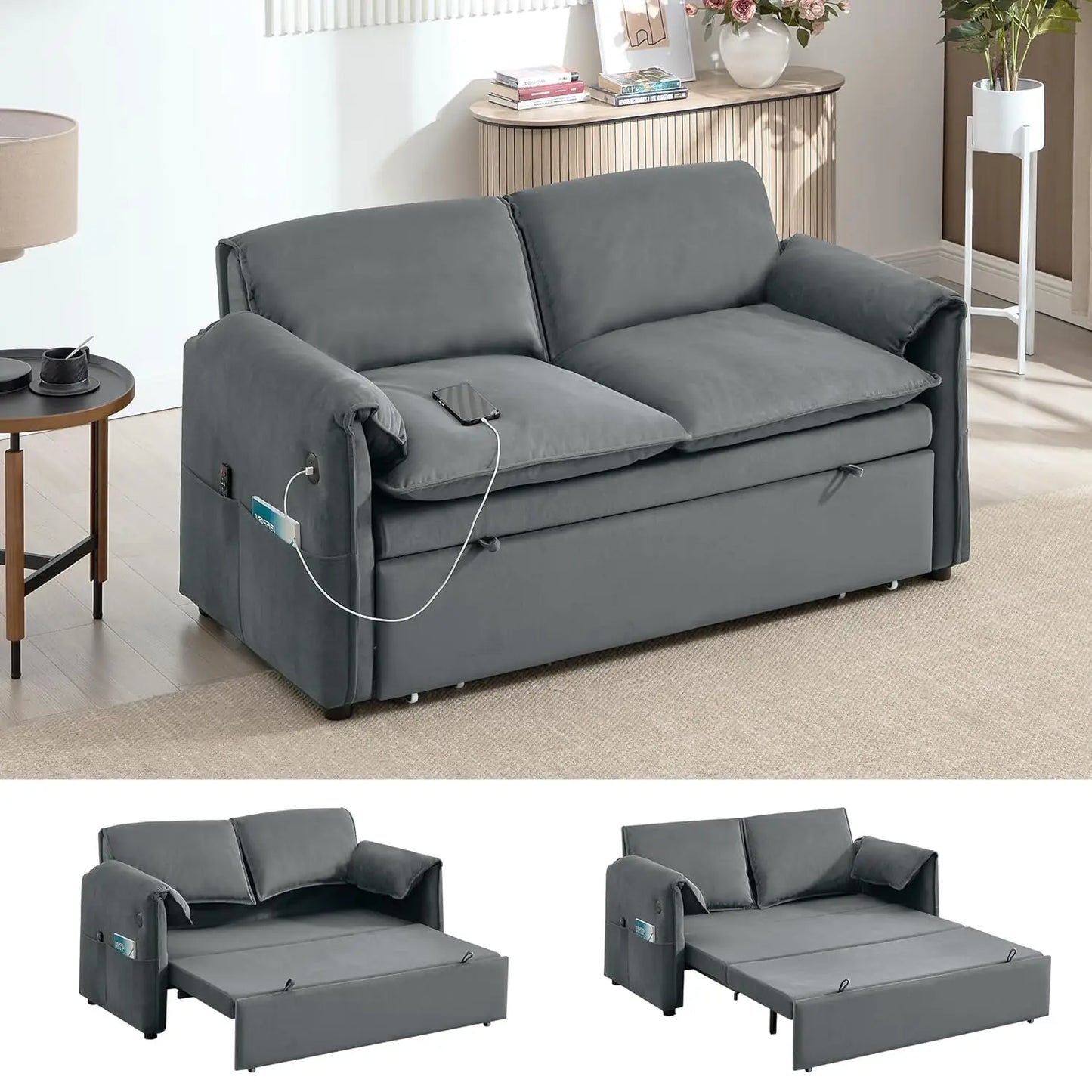 63" Velvet Pull Out Couch, 3 in 1 Convertible Sleeper Sofa Bed with Adjustable Backrest, Modern Loveseat Sleeper, Customized