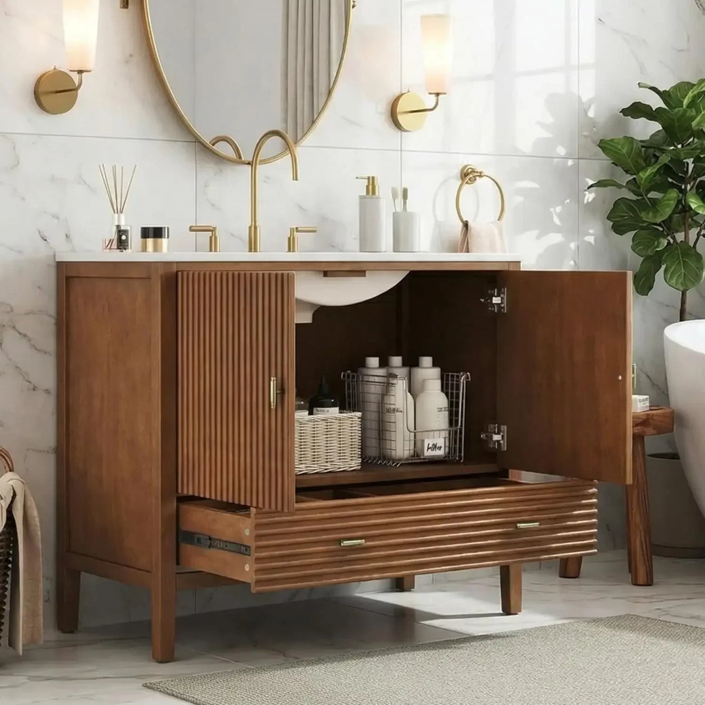 BestsellerBestseller Single Vanity, Bathroom Vanity with Ceramic Sink, Divided Drawer & Dual-Door Storage, Soft-Close, Waln