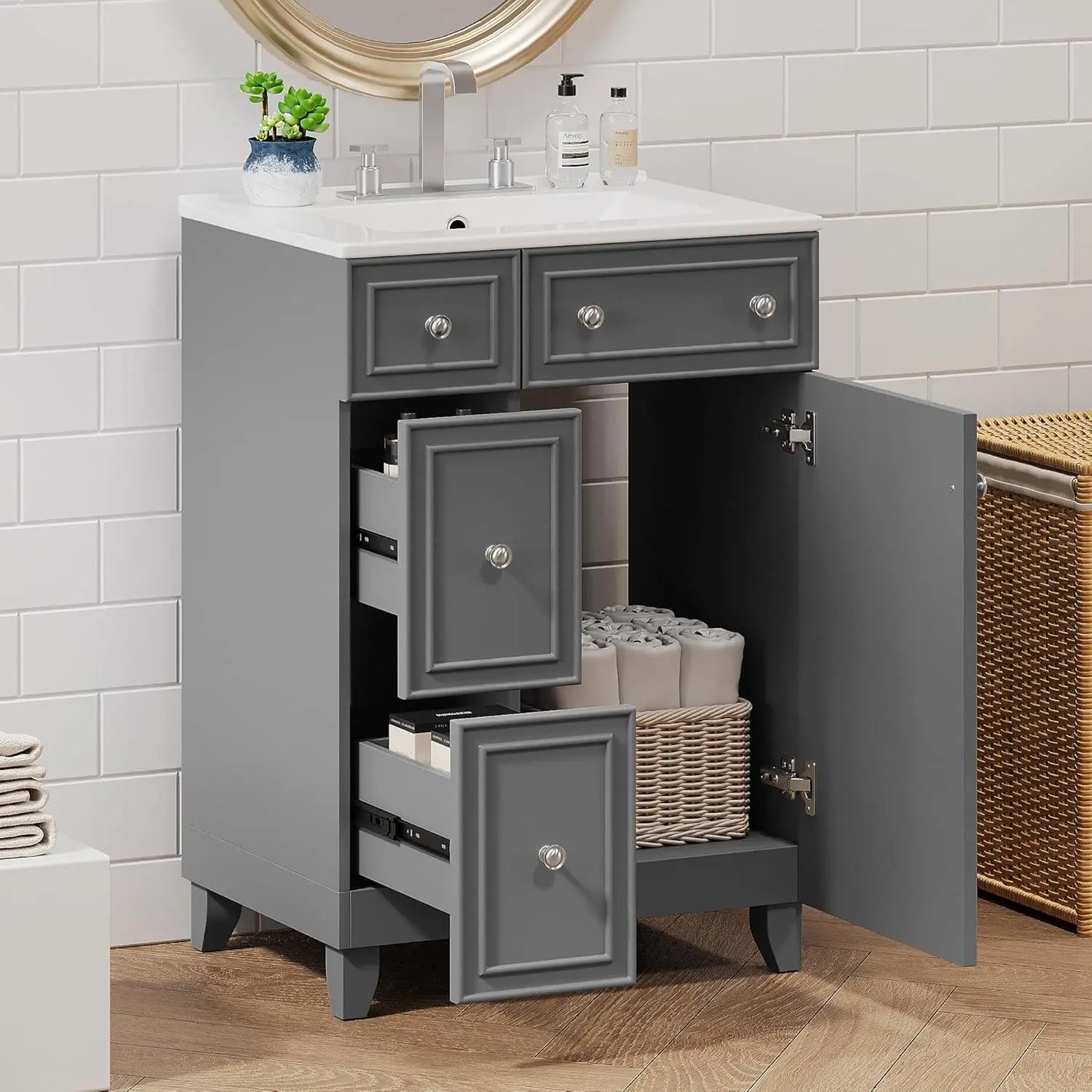 24in Small Vanity Cabinet Undermount Sink Soft Close Door Easy Assembly Bathroom Furniture Customized