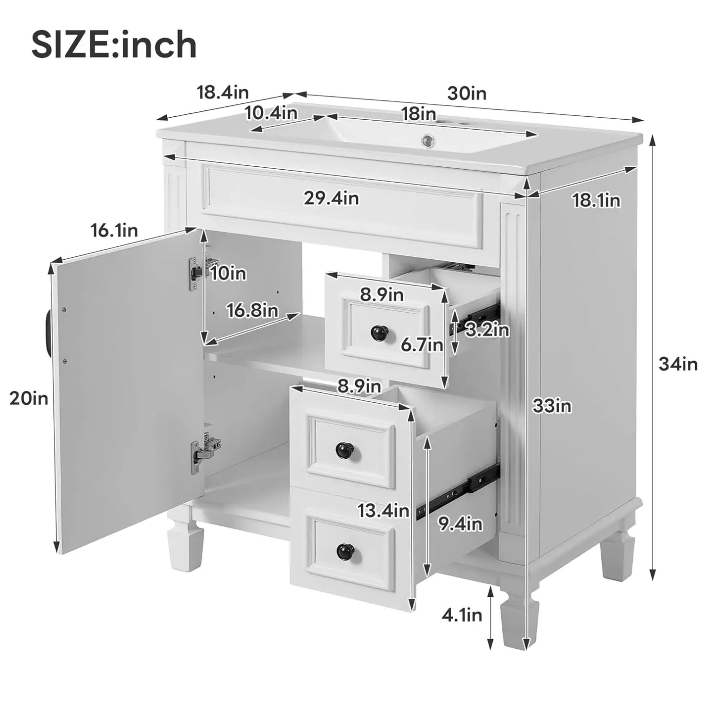 30" Bathroom Vanity with Sink Modern Storage Cabinet Single Sink Door Two Drawers Solid Wood Frame, Customized