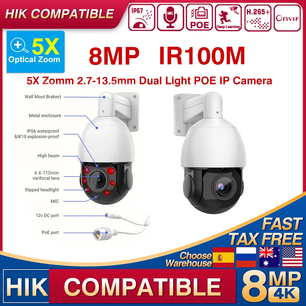Hikvision Compatible 8MP 25X Zoom Speed Dome PTZ IP Camera Two-way Audio Outdoor Video Surveillance Camera CCTV Security Camera