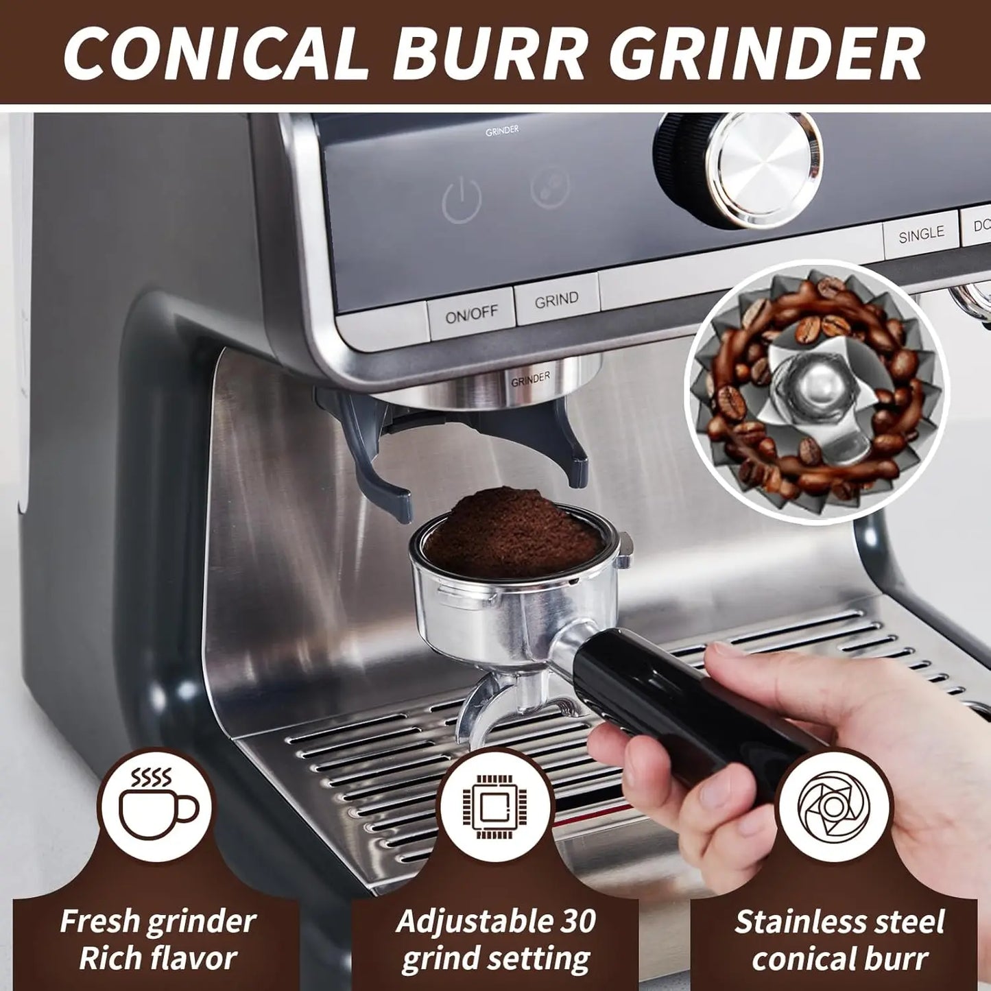 20 Bar Semi-Automatic Coffee Machine Built-in Bean Grinder & Steam Wand 2.8L Removable Water Tank Professional Home Cappuccino