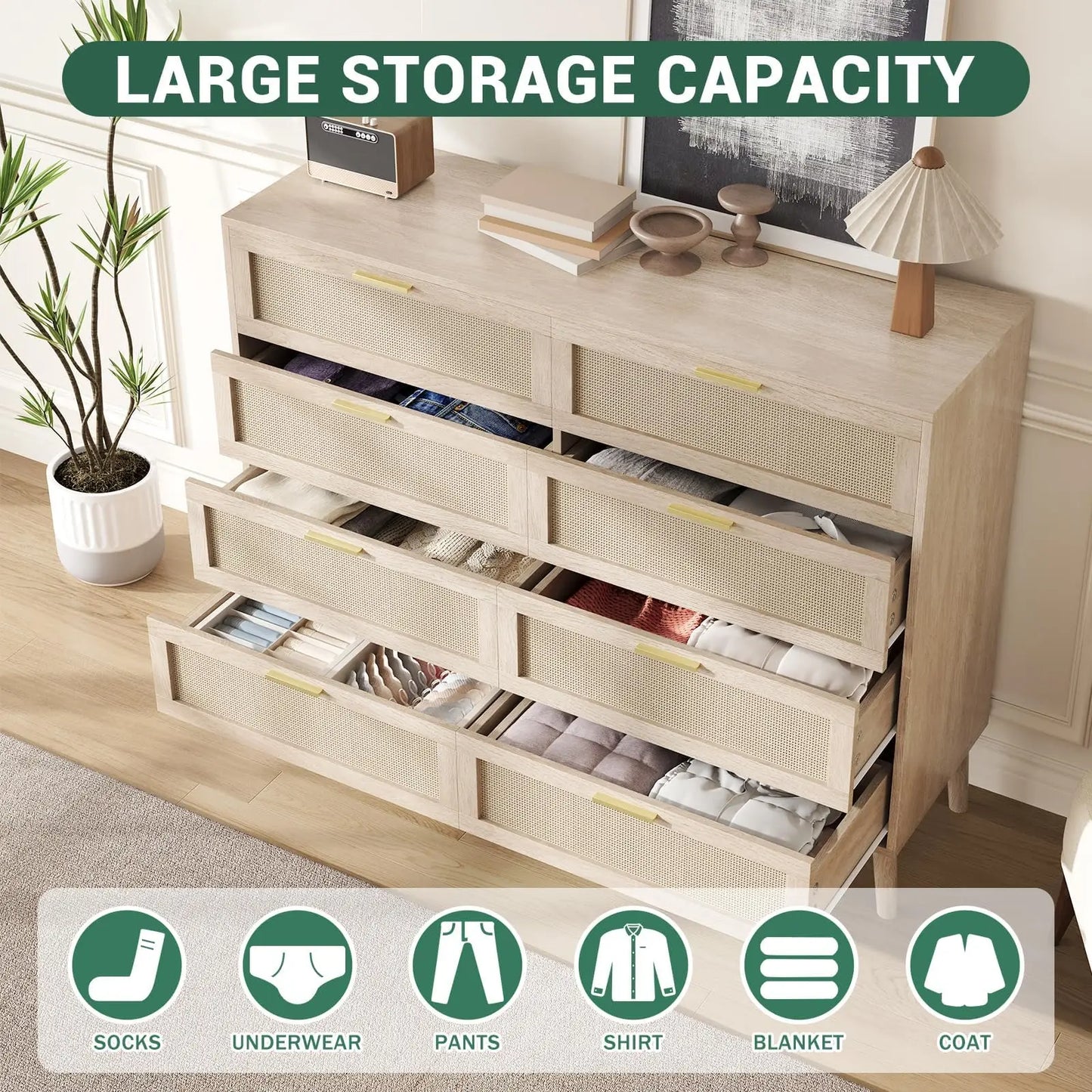 8-Drawer Rattan Dresser 47x15x37 Inch, Mid Century Modern Chest Of Drawers With Handles For Bedroom Entryway Living Room