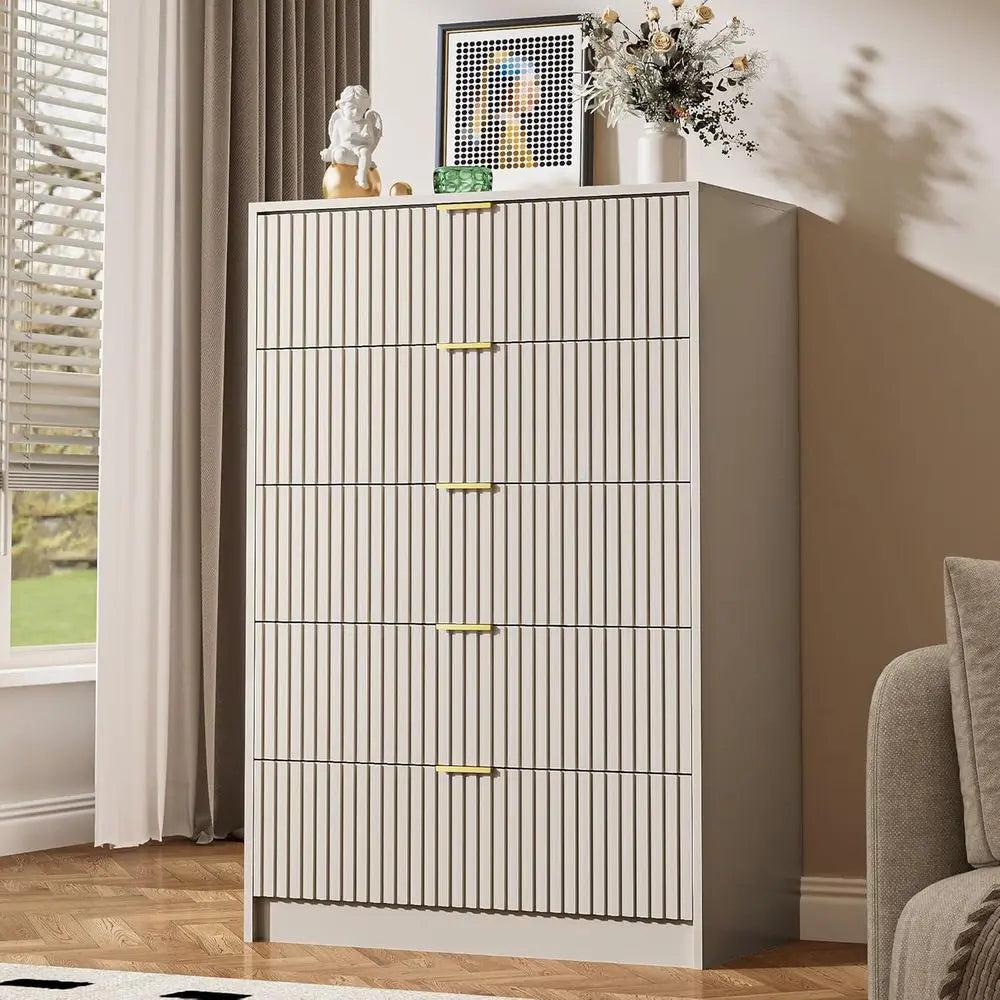 Bedroom Tall Chest with Gold Handles, 32in Wide Nightstand, Suitable for Bedrooms, Living Rooms, Offices, and Entryways, Beige