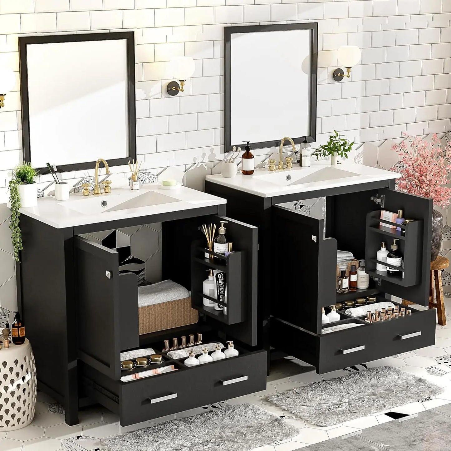 60" Double Sink Bathroom Vanity Solid Wood Cabinet Storage Drawers Racks Black, Customized