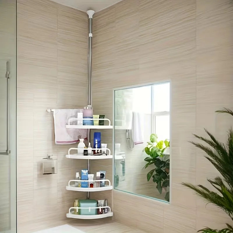 Corner Shower Rack with Tension Rod - Rustproof Bathtub Storage Shelf, 4 Adjustable Shelves for Bathroom Storage & Essentials