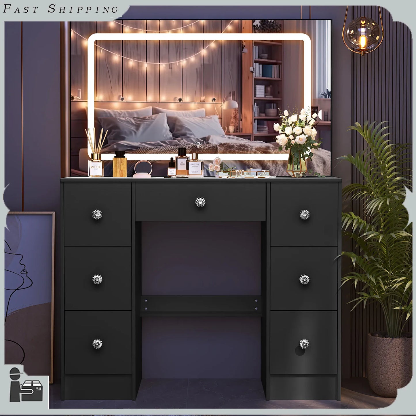 Large Dressing Table Makeup Desk Vanity Set with LED Lights Mirror And 7 Drawers