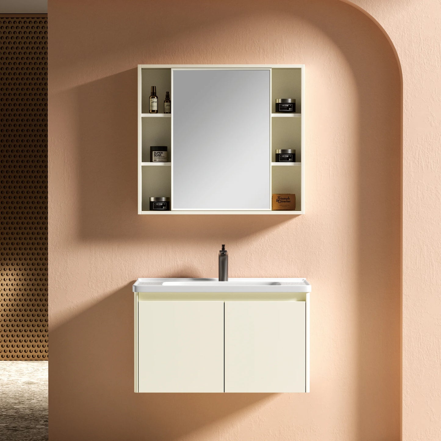 Modern Design Gray PVC Bathroom Vanity Cabinet Framed Mirror Wall-Mounted for  Villas Hotels Includes Wash Basin