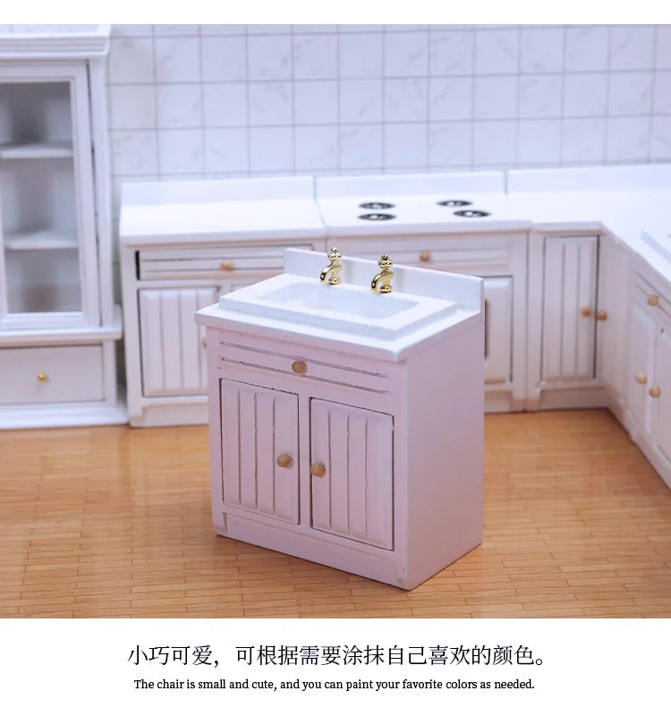 Dollhouse Mini Cooking Table Sink Counter Set Cabinets Combination 1:12 Miniature Kitchen Miniature Models Home Decor Figurines
