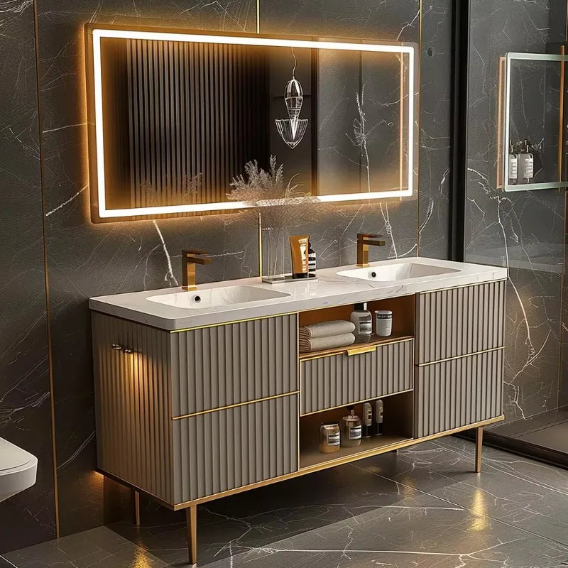 Luxury Countertop Double Basin Vanity Sink Bathroom Stainless Steel Marble Countertop Bathroom Cabinets Vanities