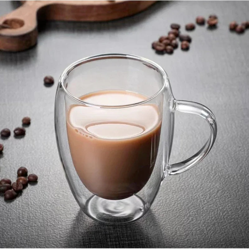 Heat Resistant Clear Double Wall High Borosilicate Glass Mug with Handle Coffee Milk Juice Water Cup Coffeeware Lover Gift