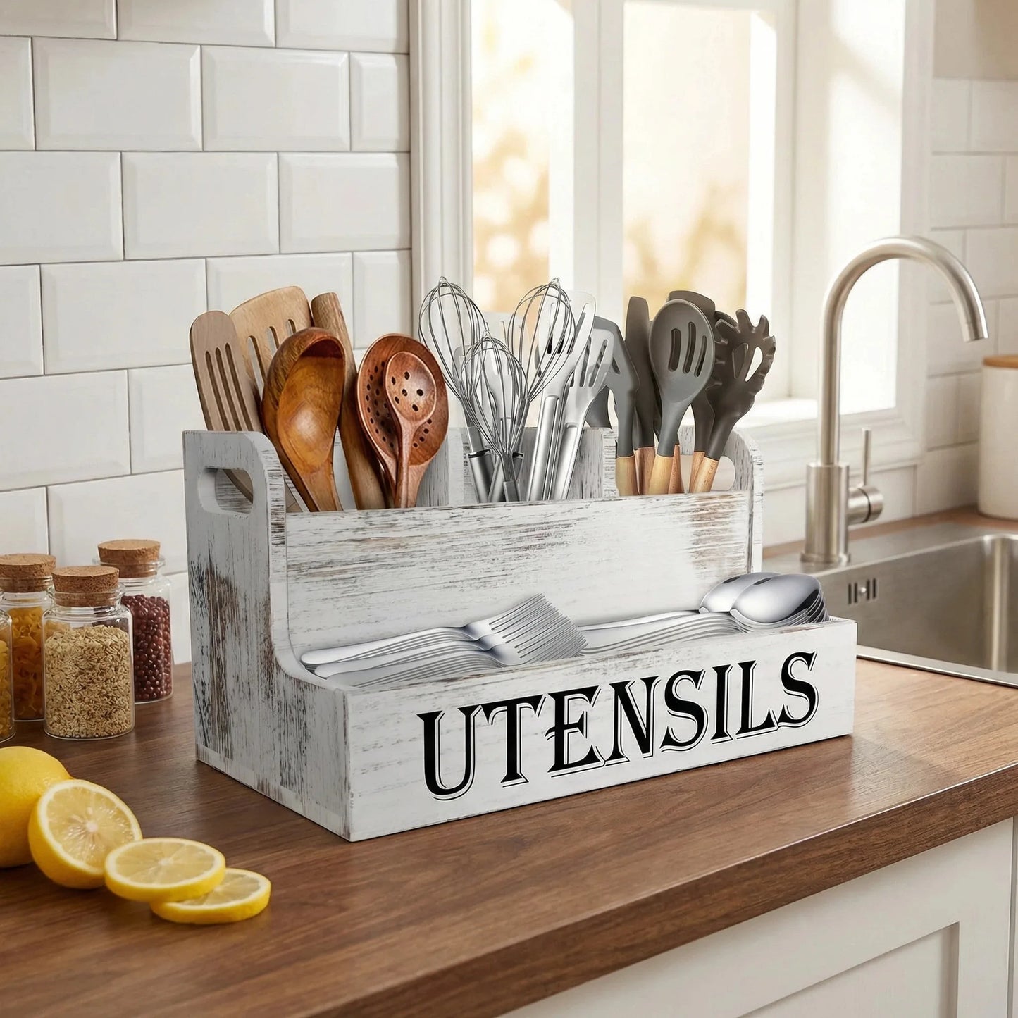 Wooden Kitchen Utensil Rack - With 4 Compartments Kitchen Utensil Organizer, Rustic Farmhouse Countertop Cookware Storage Box