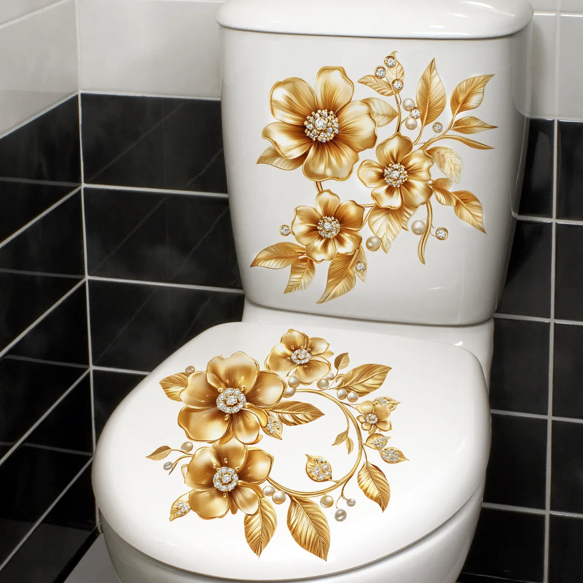 Beautiful Golden Flower Toilet Sticker Bathroom Toilet Cover Decorative Sticker Waterproof Self Adhesive